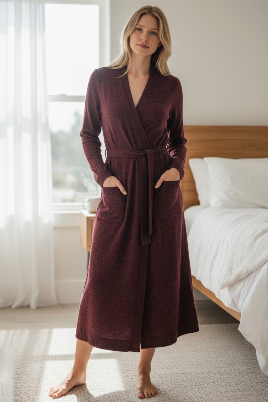 Knitz For Love & Lemons Long Duster Cardigan Women's Burgundy Marl Knit Belted